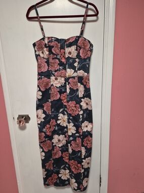 NWTs DRIFTWOOD Denim Midi Dress with Pink Floral Print